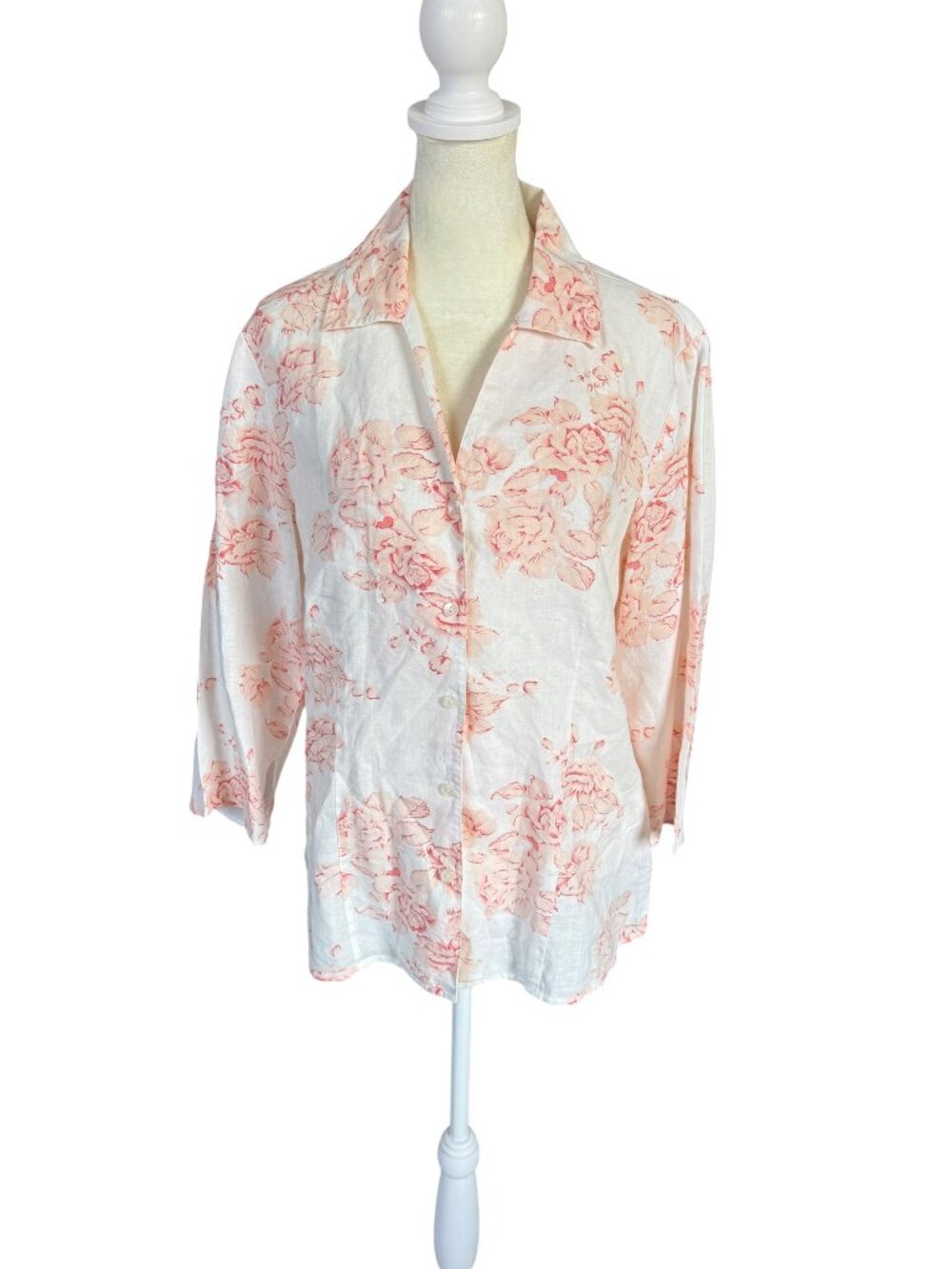 Madison & Max pink and white floral 3/4 sleeve button down collared shirt 10